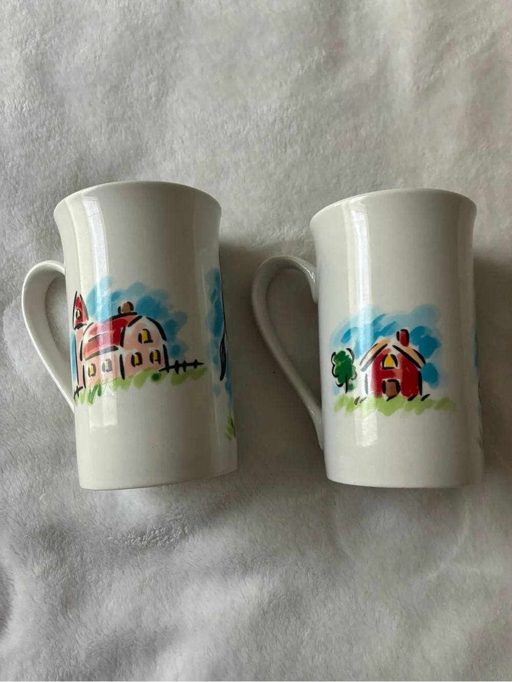 Farm Animal Ceramic Mugs in White with Cow and Pig Artwork